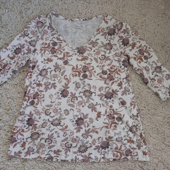 Pure Jill Printed Soft V-Neck Top Women’s M Tall Floral 3/4 Sleeve Cotton Tencel - Picture 2 of 6